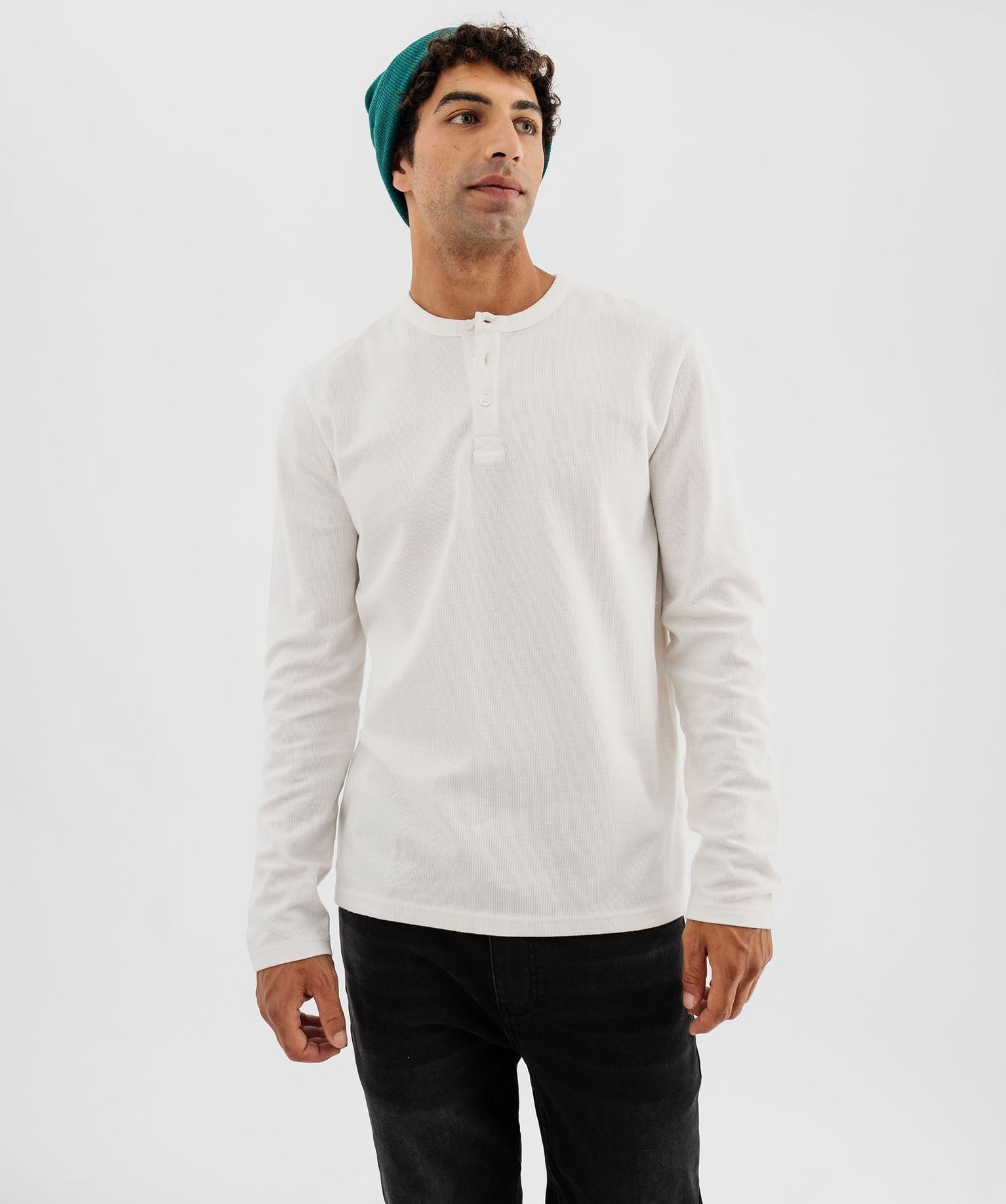 tee-shirt manches longues en coton pique avec col tunisien homme beige tee-shirts