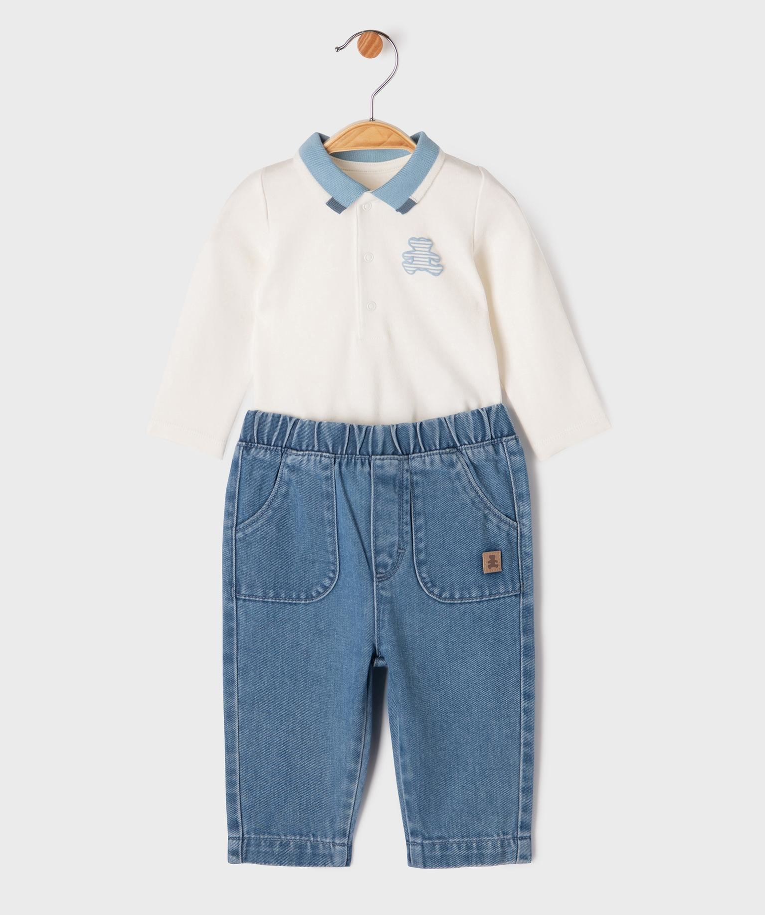ensemble 2 pieces jean et body bebe garcon - lulucastagnette bleu