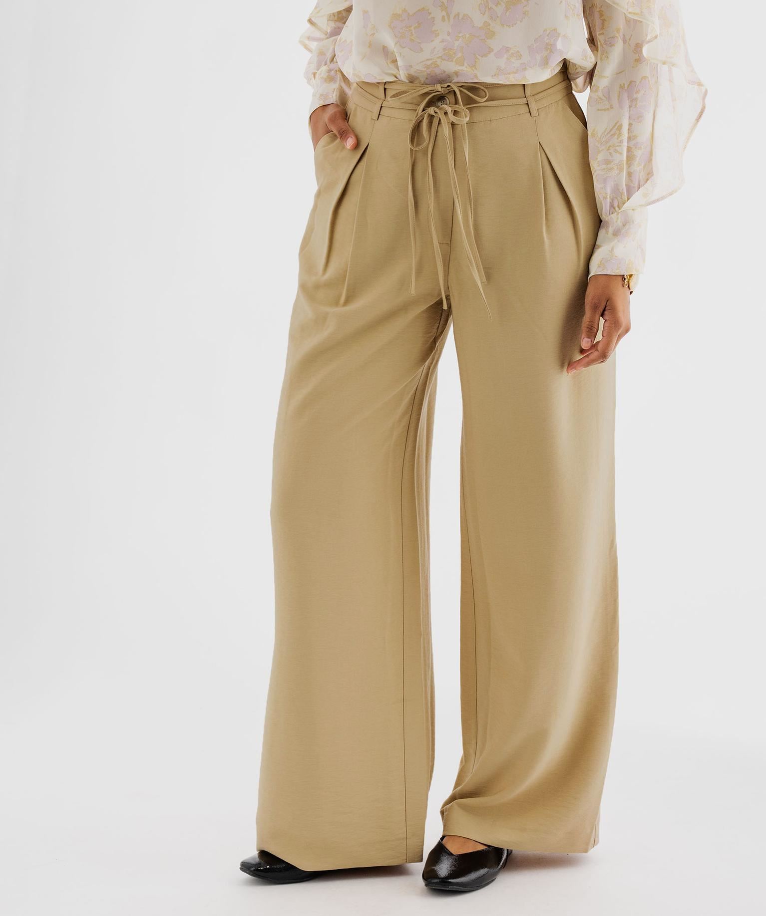 pantalon large et fluide avec liens a nouer femme beige pantalons