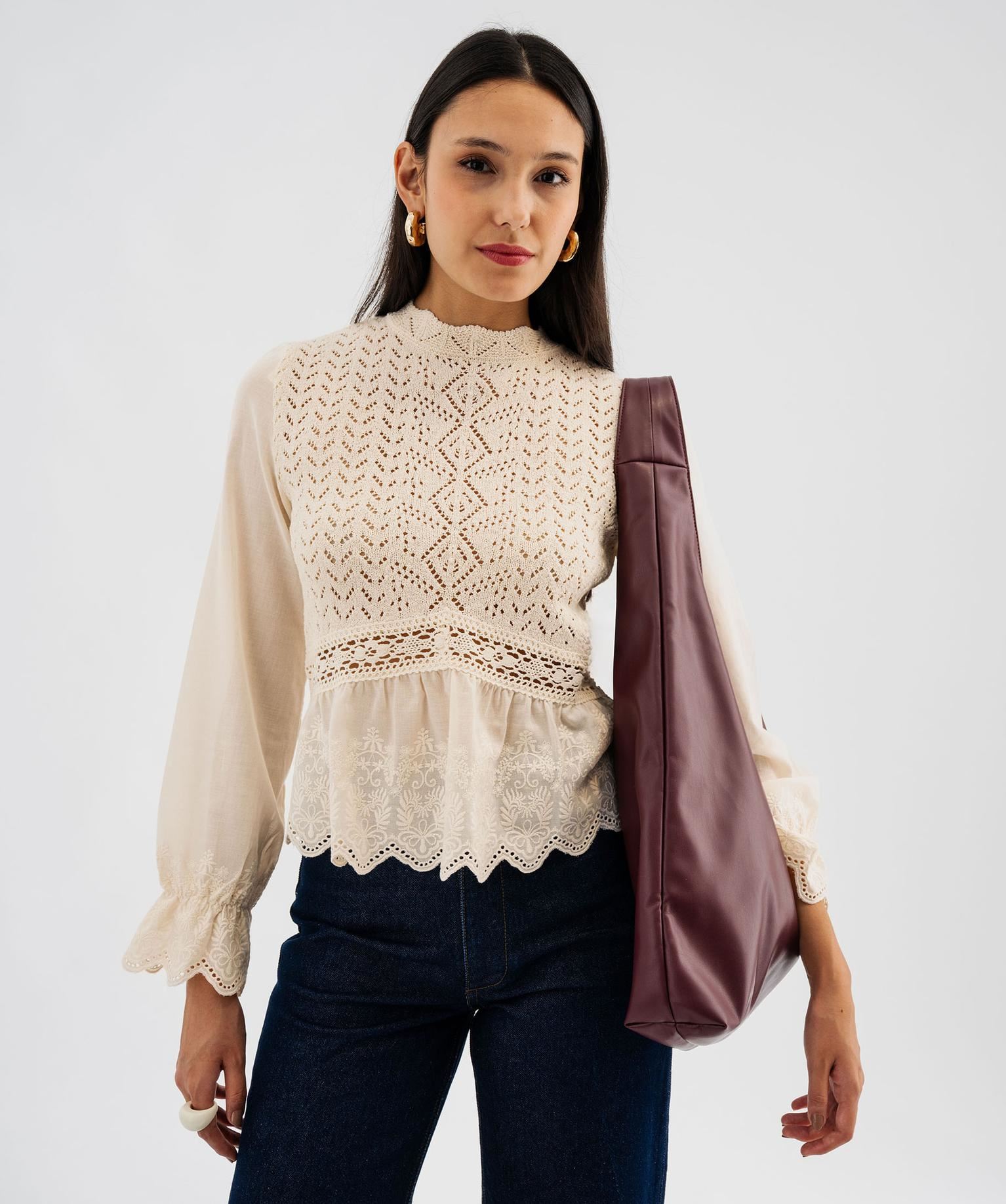 pull effet 2-en-1 a manches chemise femme beige pulls