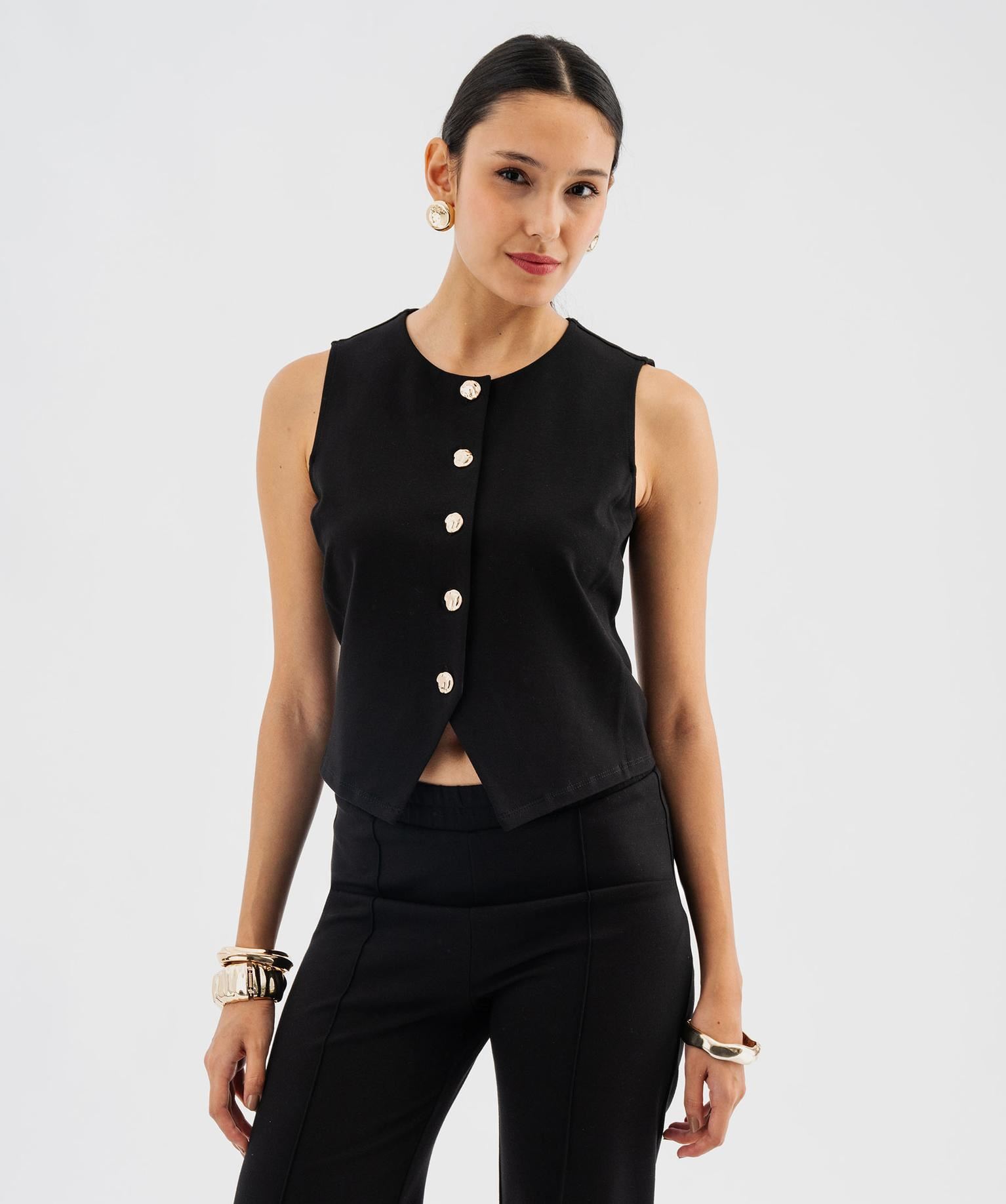 gilet de costume sans manches a boutons dores femme noir standard debardeurs