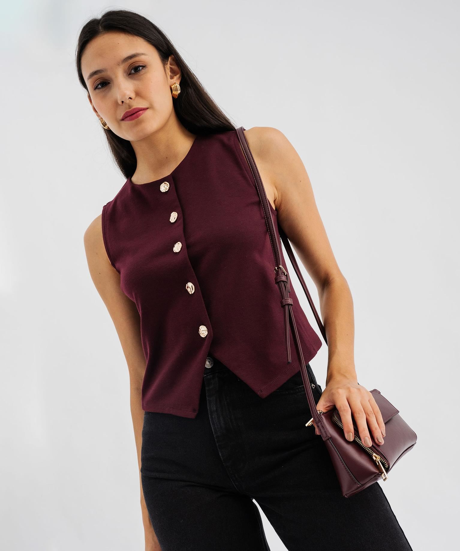 gilet de costume sans manches a boutons dores femme violet debardeurs