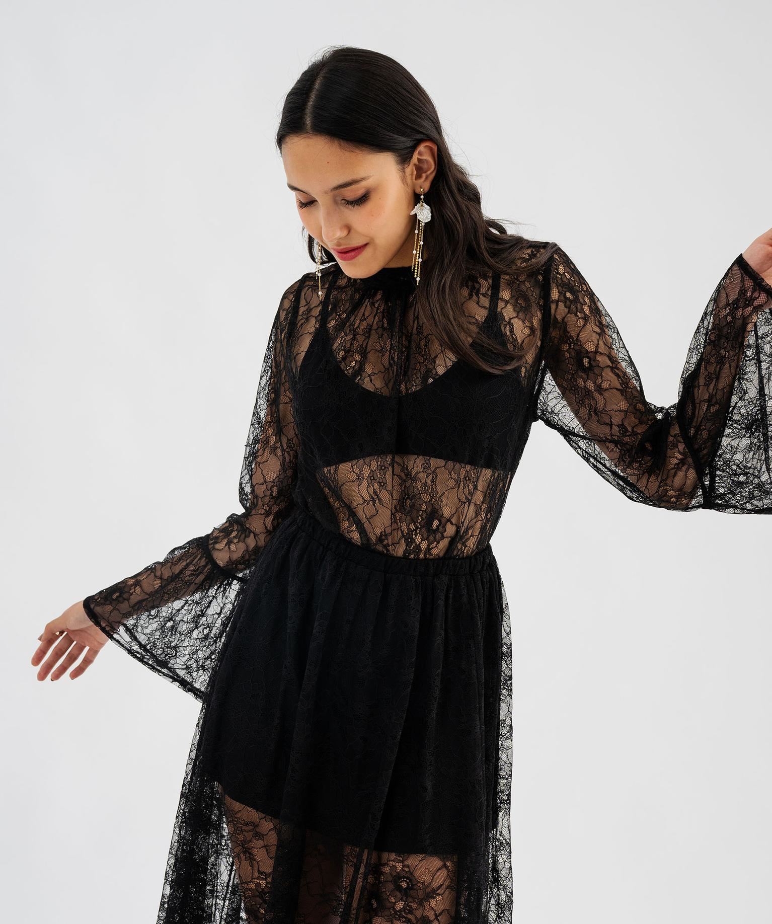 blouse manches longues en dentelle transparente femme noir standard t-shirts manches longues