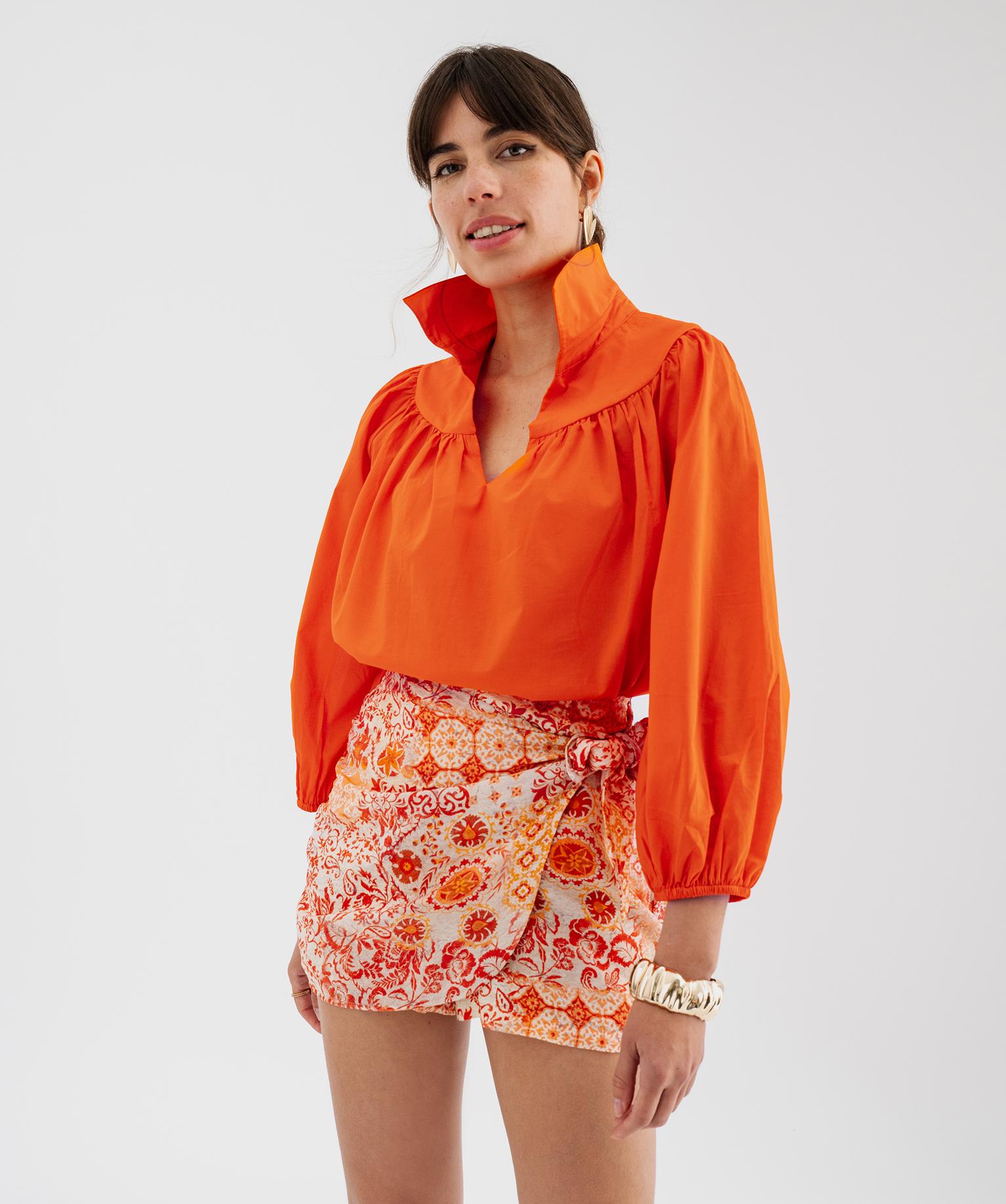 blouse manches 34 en toile de coton unie femme orange blouses