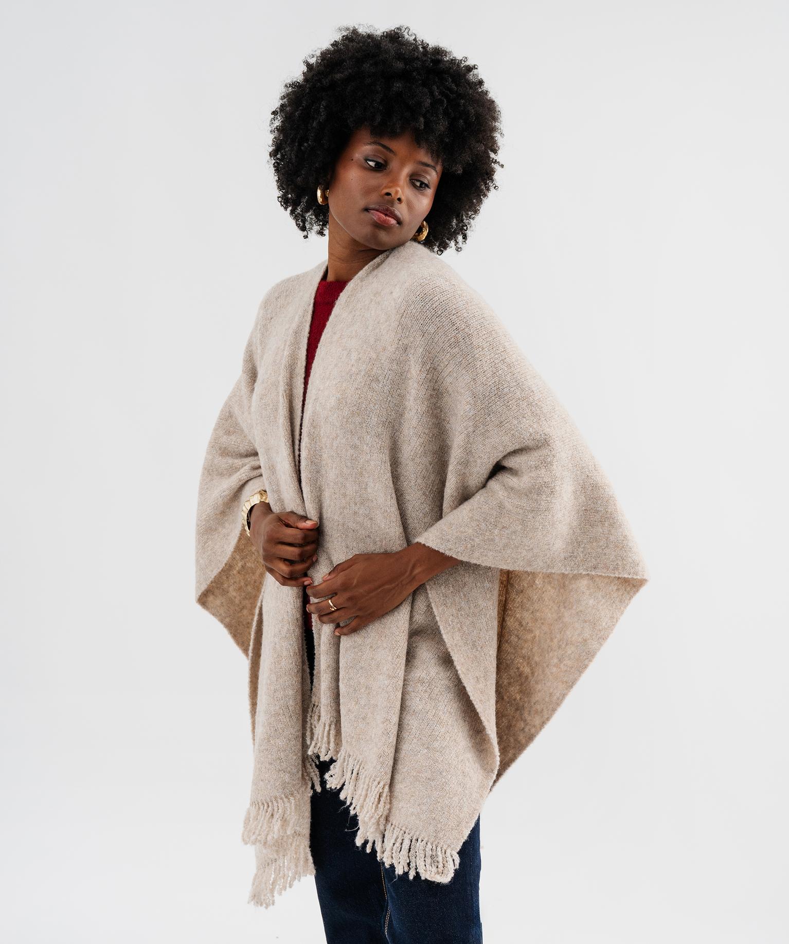 poncho en maille douillette avec franges femme beige standard