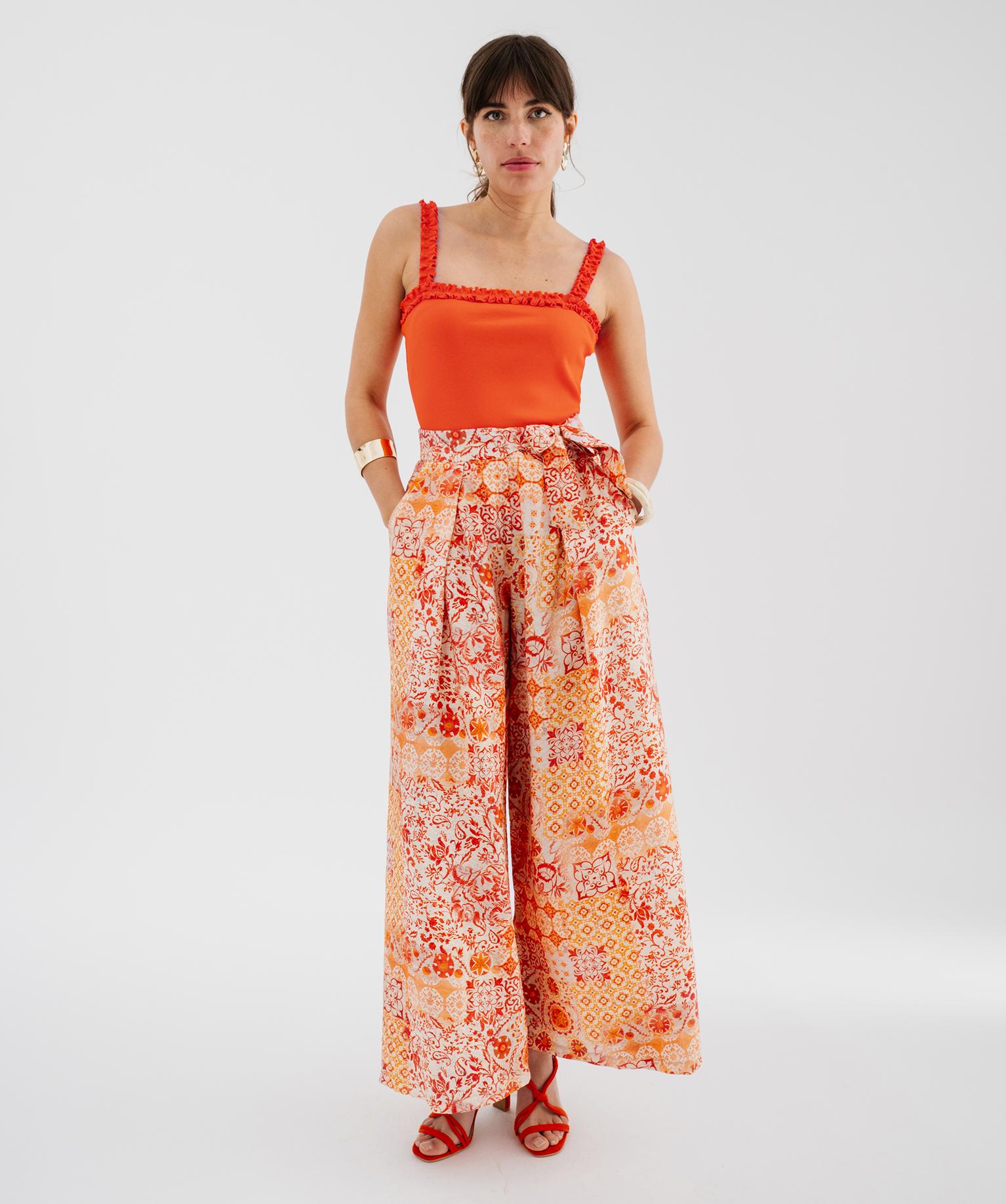debardeur en maille cotelee extensible a bretelles froncees femme orange debardeurs
