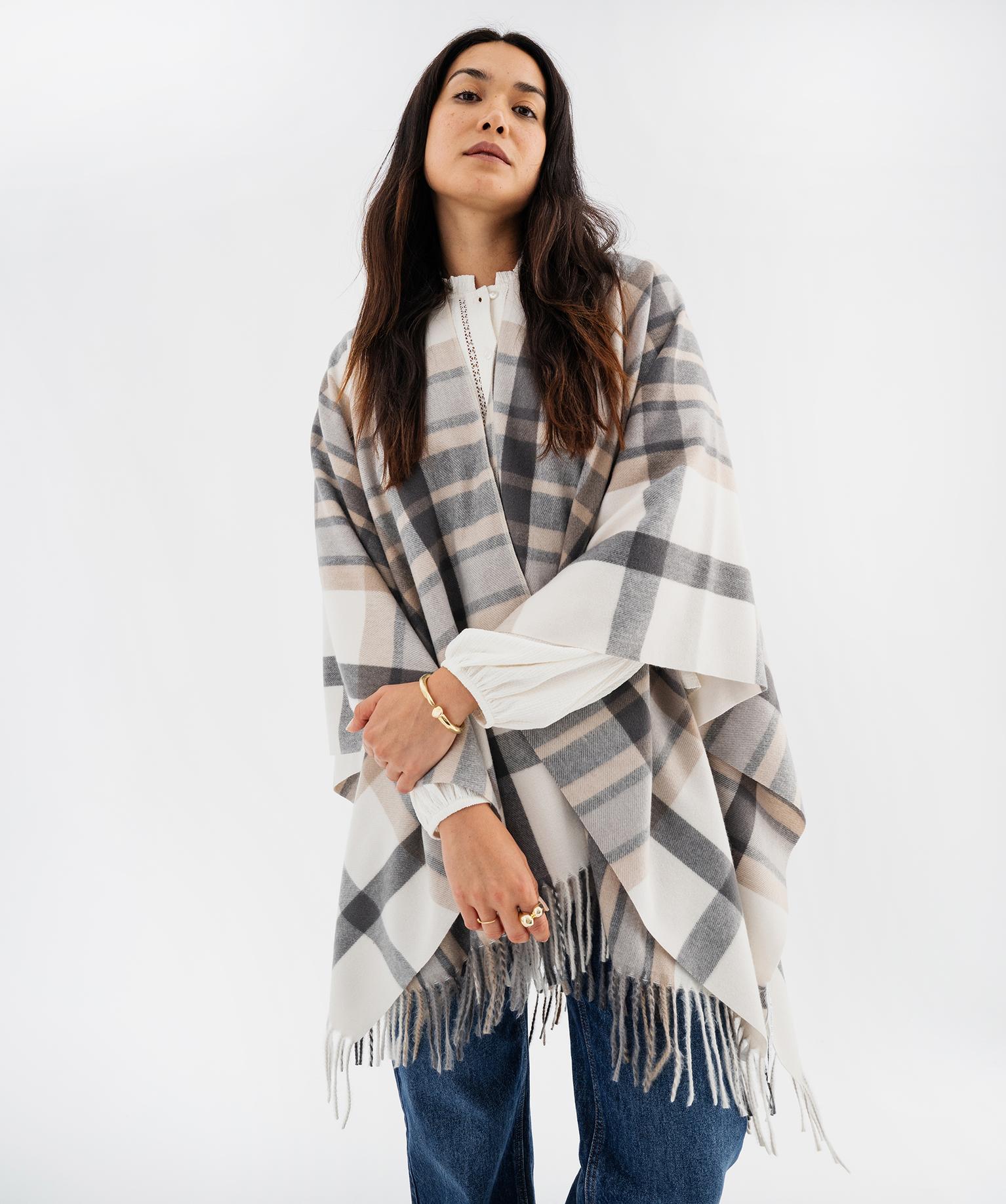 poncho a carreaux avec franges femme beige