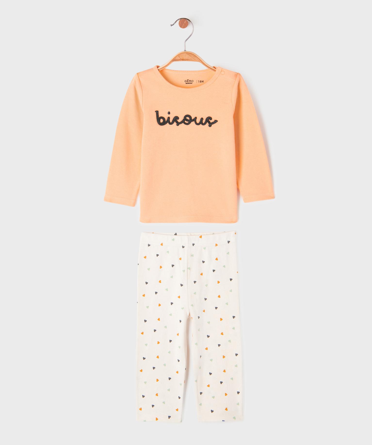 pyjama 2 pieces bicolore en coton bebe fille orange