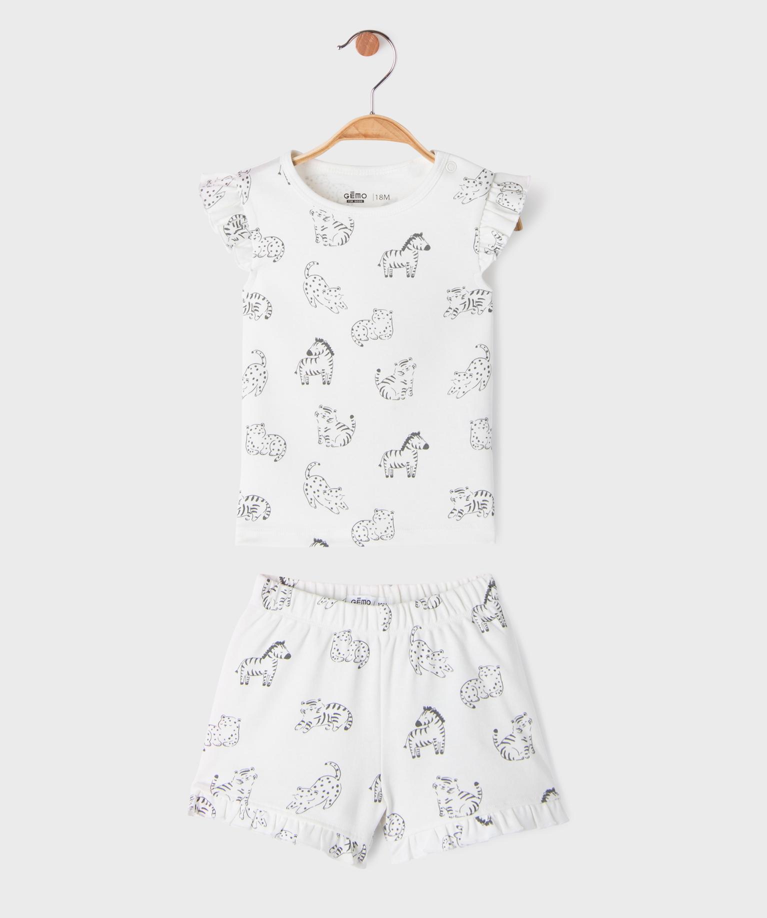 pyjashort 2 pieces a motifs animaux bebe fille tee-shirt et short beige