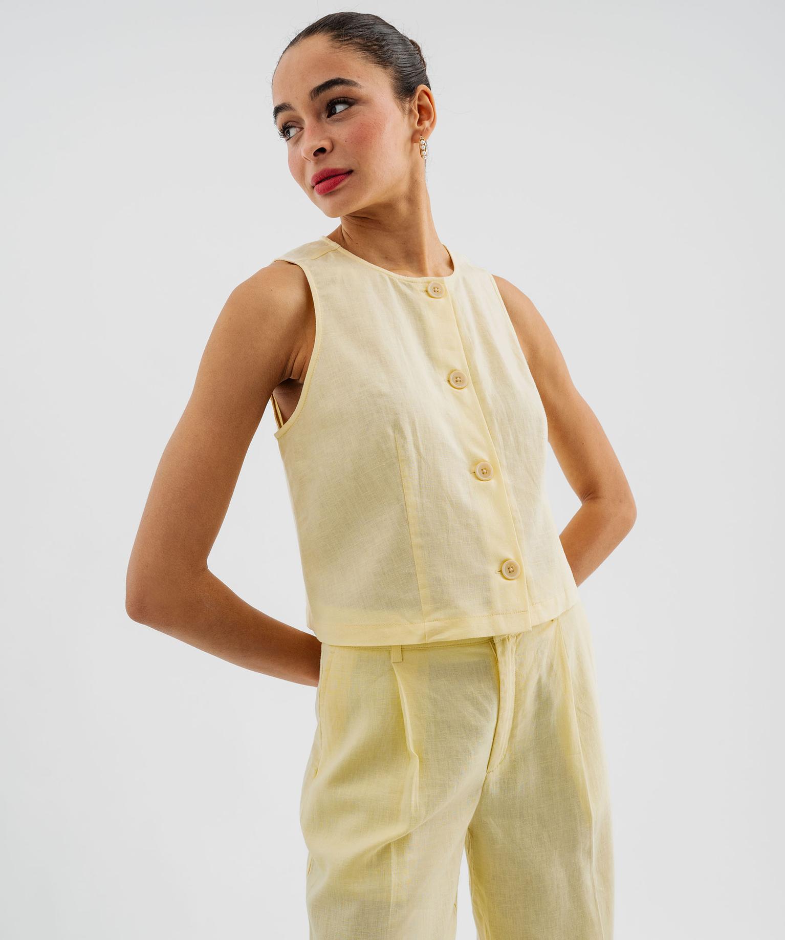 chemise sans manches a col rond en viscose et lin femme jaune chemisiers
