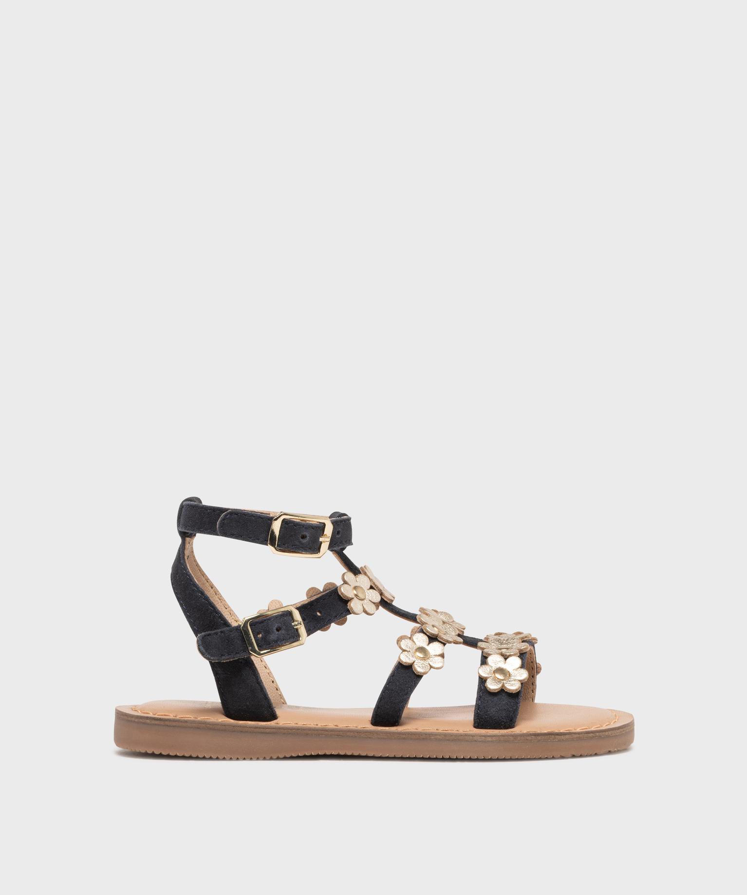 sandales spartiates en cuir suede et fleurs dorees fille - lovely wings bleu