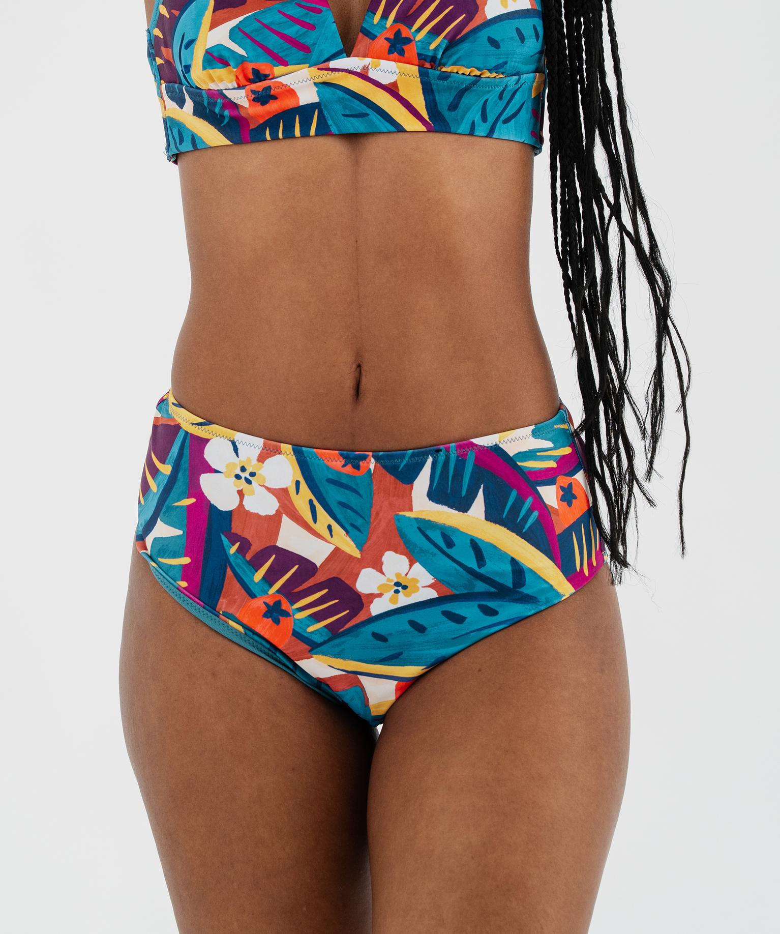 bas de maillot de bain culotte taille haute fleurie femme bleu