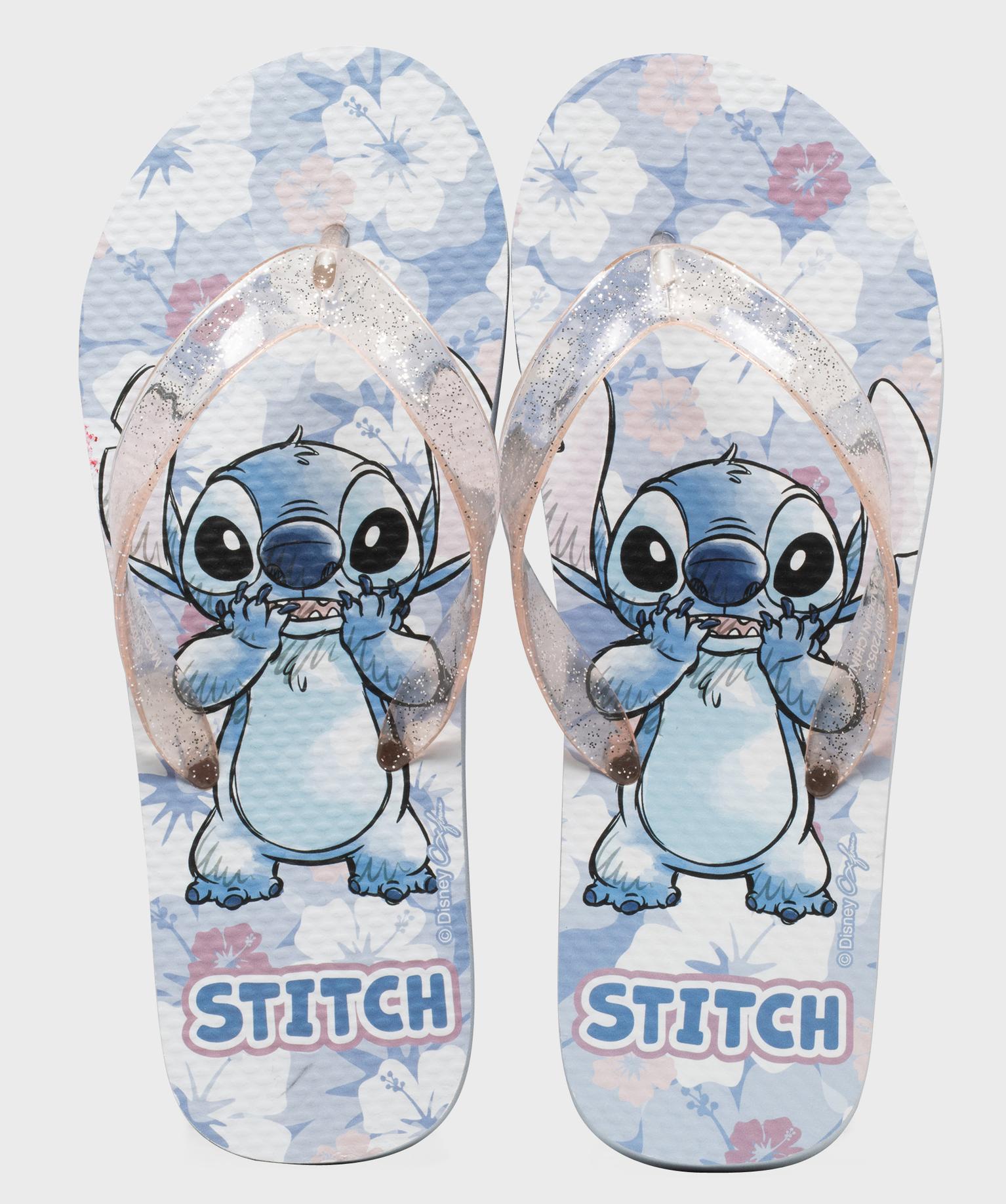 tongs imprimees a bride pailletee femme - stitch bleu