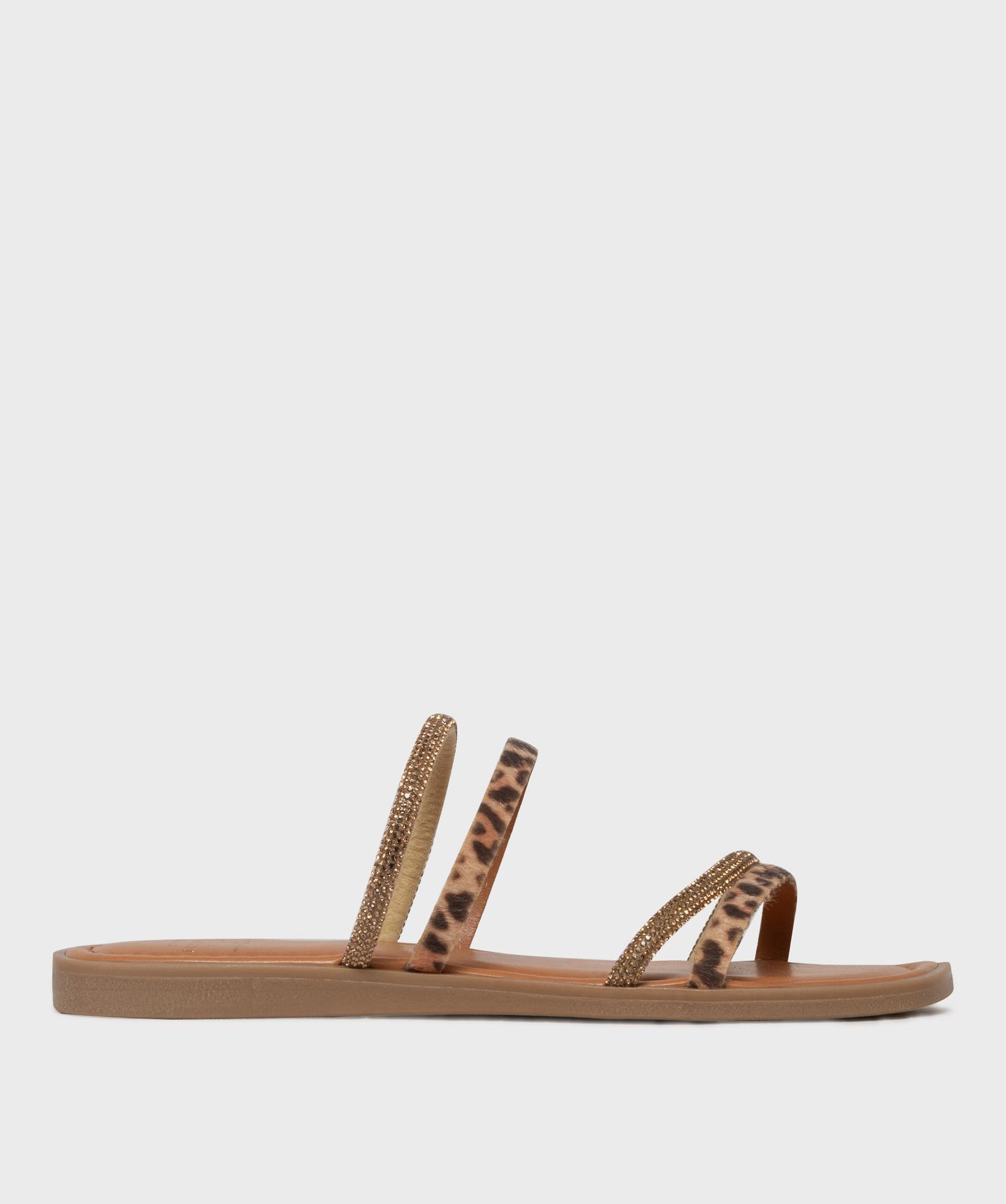 mules plates a fines brides a strass et motif leopard femme beige