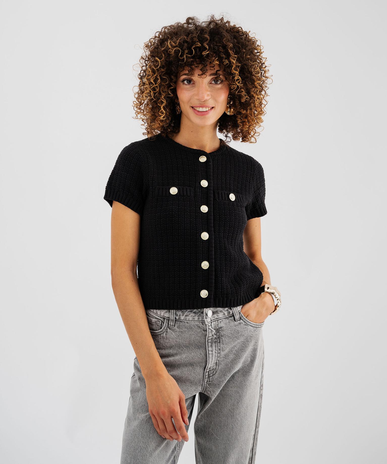 pull manches courtes en maille fantaisie a boutons femme noir standard gilets