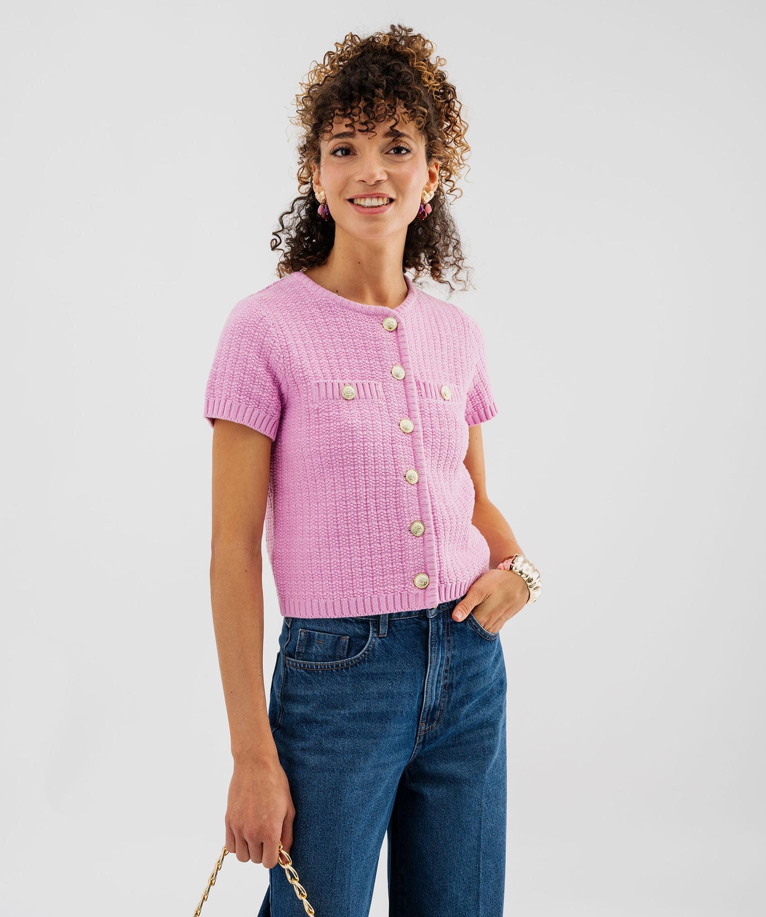 pull manches courtes en maille fantaisie a boutons femme rose gilets