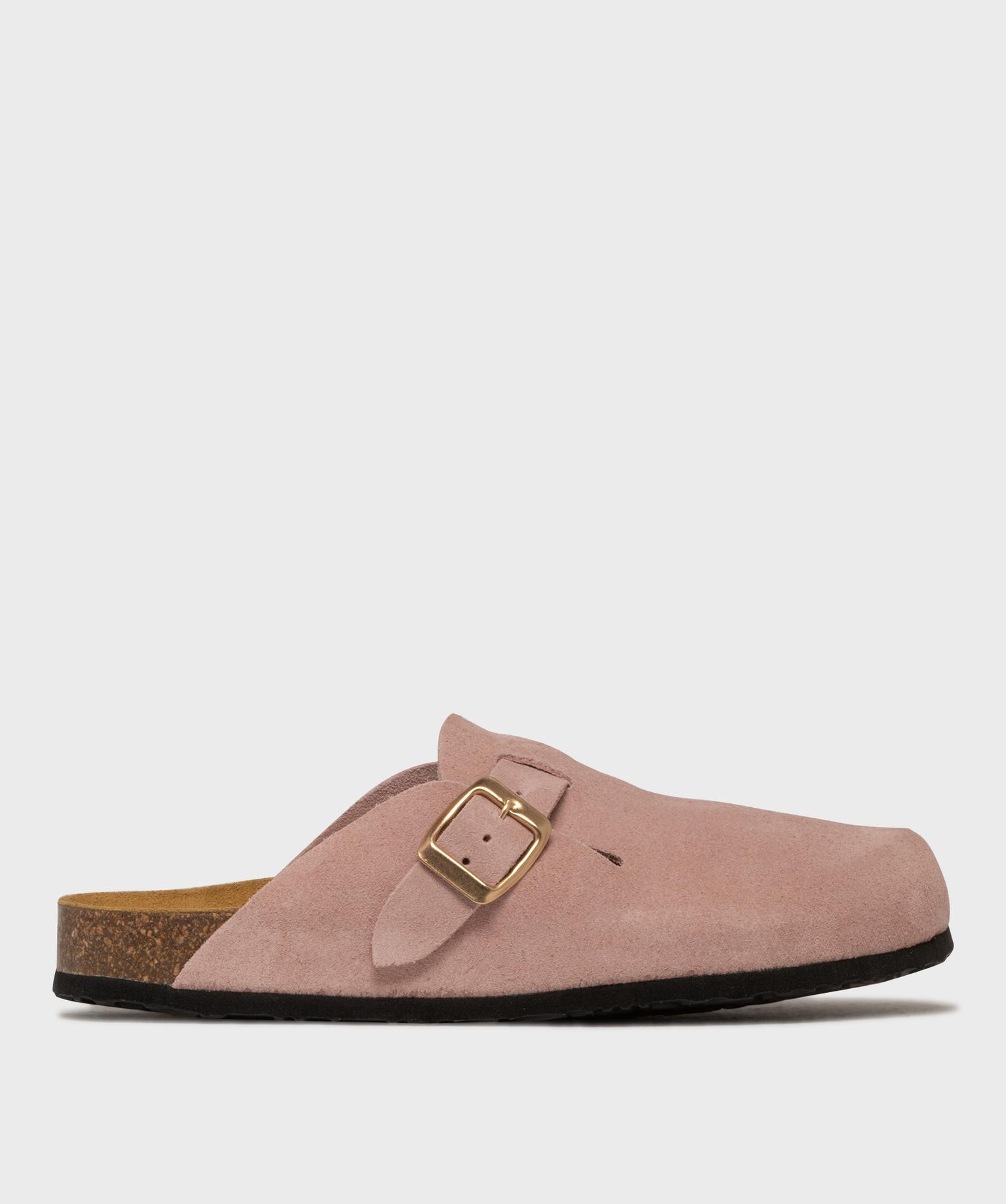 sabots en cuir suede avec semelle interieure anatomique femme rose sandales plates et nu-pieds