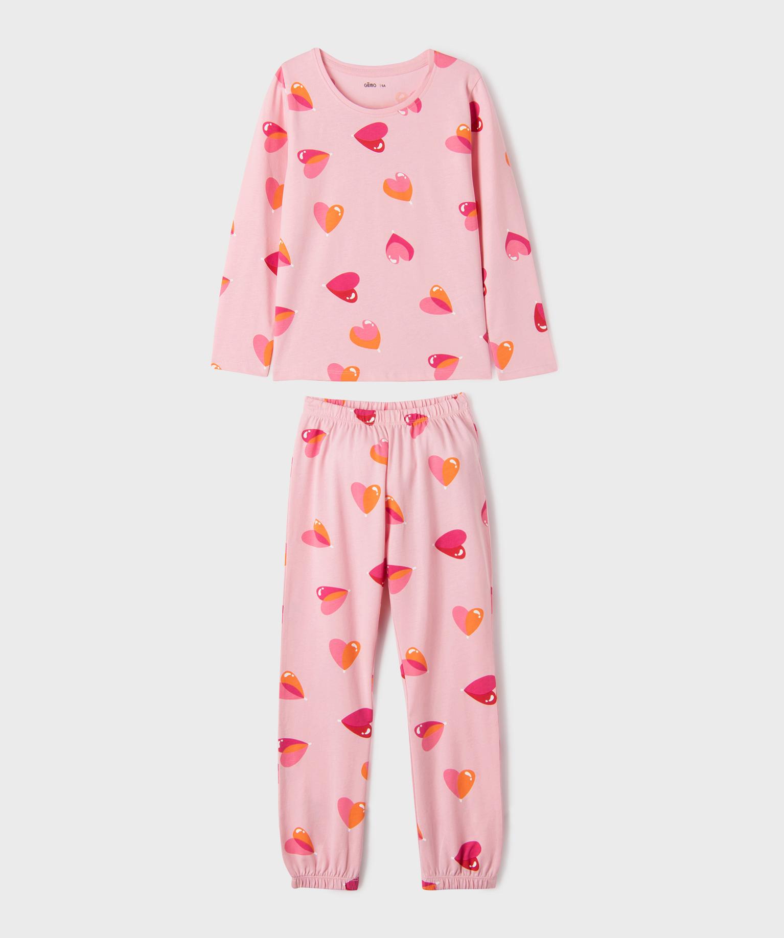 pyjama en coton bicolore motif coeur fille rose