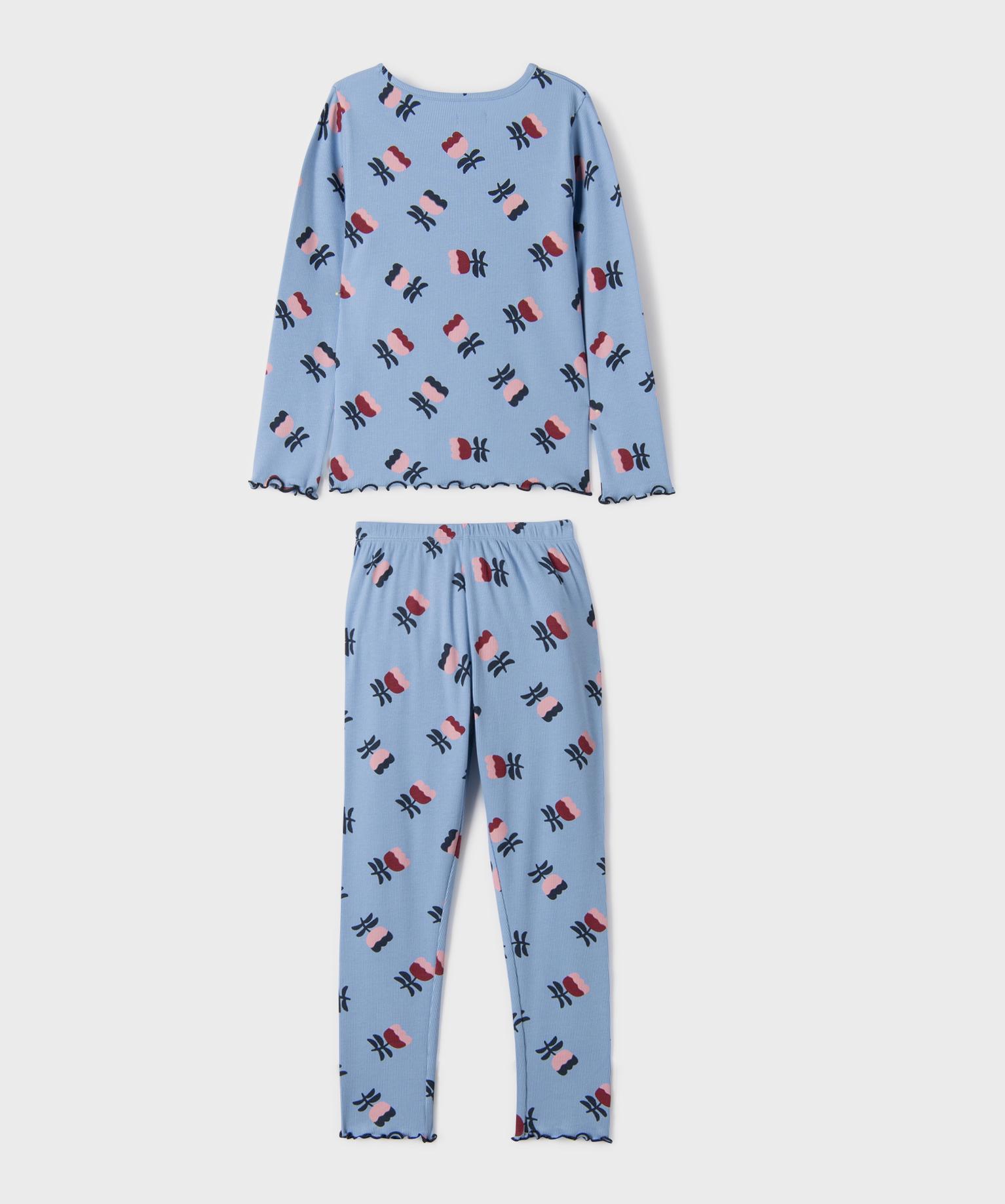 pyjama en maille cotelee a motifs fleuris fille bleu