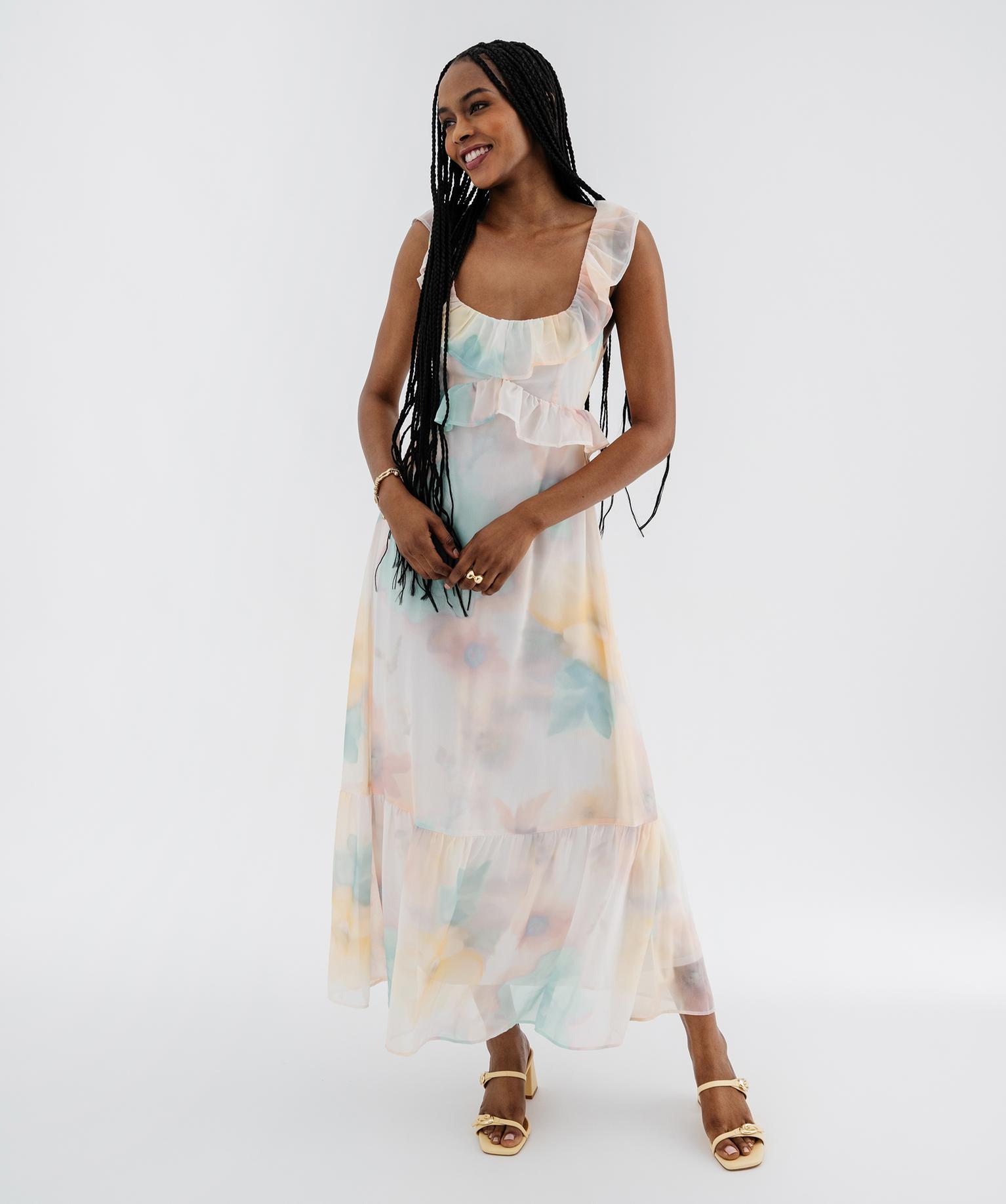 robe longue en voile a dos-nu et volants femme jaune robes longues